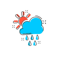 Vector cartoon weather forecast icon in comic style. Sun with clouds concept illustration pictogram. Cloud with rain business splash effect concept.