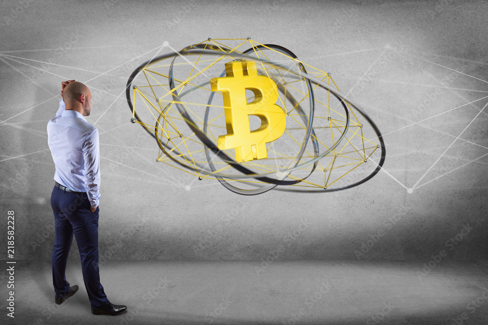 Aufkleber businessman in front of a wall with a bitcoin crypto currency sign flying around a network connectio