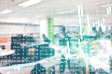 Obraz premium Charts of financial instruments with various type of indicators including volume analysis for professional technical analysis on the monitor of a computer. Fundamental and technical analysis concept.