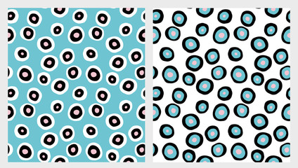Cute Abstract Vector Patterns Set. Irregular Polka Dots. Seamless Graphic. Pink, Blue , White and Black Dosts. White and Blue Backgrounds. 