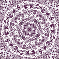 A round hand-drawn floral pattern, monochrome vector background