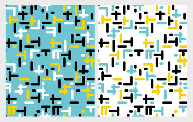 Abstract Geometric Seamless Vector  Patterns. Jumble Elements Isolated on Blue and White Backgrounds. Blue, Black, Yellow and White Design. Retro Memphis Style. 