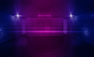 Background of an empty corridor with brick walls and neon light. Brick walls, neon rays and glow