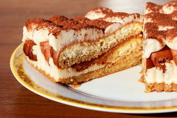 Traditional italian dessert tiramisu on a table