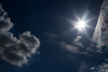 The sun with natural flashes in the blue sky with whitish clouds.