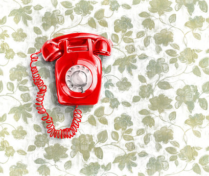 Digital drawing illustration of a retro red phone on a background of wallpaper