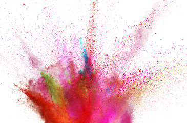 Explosion of coloured powder isolated on white background.