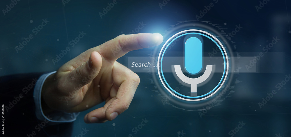 Poster businessman holding a vocal search system with button and icon3d rendering