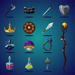 Legendary asset. Set of magic items and resource for computer fantasy game. Isolated cartoon icons set.