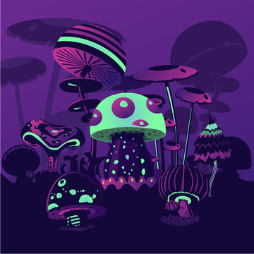 Fantasy background with neon mushrooms. Magic landscape. Computer game concept.