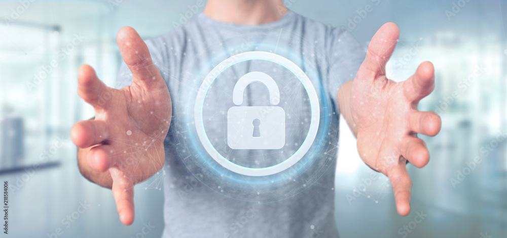 Poster man holding a padlock web security concept 3d rendering