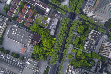 Aerial View of business area and cityscape in west Nanjing road, Jing`an district, Shanghai