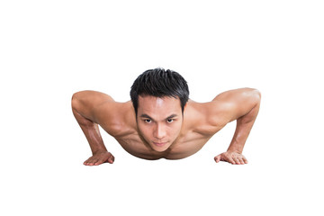 Fototapeta na wymiar Muscle man doing push up on front view with isolated white background