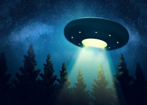 Ufo is hovering over the trees. Digital painting 3d render mix © M.a.u