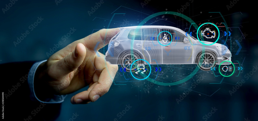 Poster man holding a smartcar with checkings 3d rendering