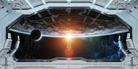 White clean spaceship interior with view on planet Earth 3D rendering © sdecoret