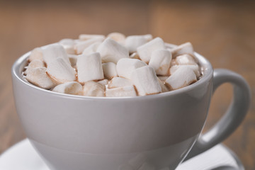 cup of cocoa drink with marshmallow on oak wood table