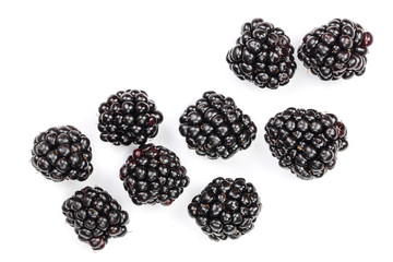 Fresh blackberry isolated on white background. Top view. Flat lay pattern