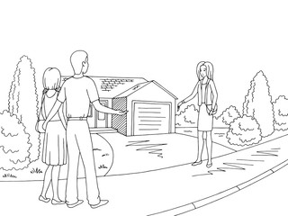 House exterior graphic black white sketch illustration vector. Realtor giving the key to the family