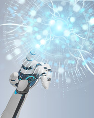 White cyborg hand using digital eye surveillance hologram 3D rendering