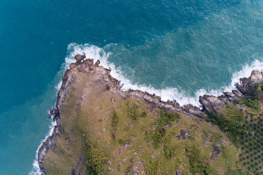 Aerial view drone shot of Laem krating viewpoint new landmark in Phuket Thailand,near promthep cape,beautiful scenery andaman sea in summer season.