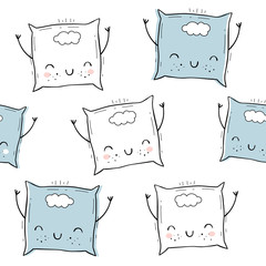 Vector seamless pattern with pillow. Scandinavian motives. Baby print. Cartoon background. Emoji - 218586208