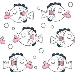 Vector seamless pattern with cute fish. Scandinavian motives. Baby print. Cartoon background.