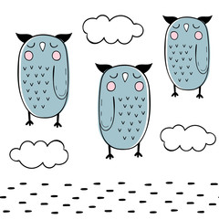 Vector seamless pattern with owls. Scandinavian motives. Baby print.