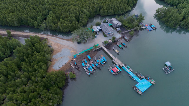 Longtail boats in the port at phang nga thailand Aerial view.