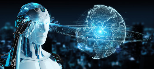 White robot using globe network hologram with America Usa map 3D rendering