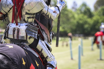 Two medieval knights confront during jousting tournament