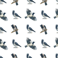 Watercolor seamless pattern of crows on white background.