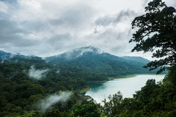 Tamblingan lake, Bali, Indonesia, shot from a high point. The mountains around the lake are covered with thick forest and mist after the rain is rising from the woods. 