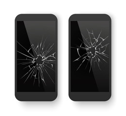 Broken mobile phone. Cracked smartphone screen. Smashed damaged cell phone. Repair vector concept