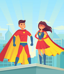 Super heroes. Comic couple superhero, cartoon man and woman in red cloaks on roof of city. Justice vector concept