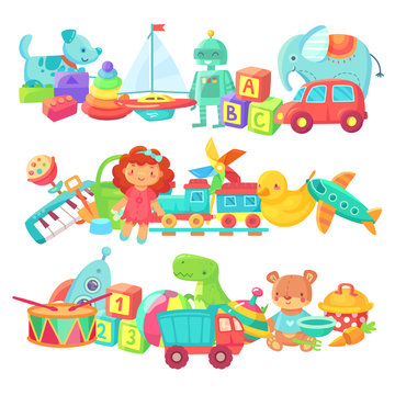 Toy piles. Kids toys groups. Cartoon baby doll and train, ball and cars, boat isolated children vector set