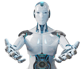 White male cyborg opening his two hands isolated on white background 3D rendering