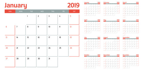 Calendar planner 2019 template vector illustration all 12 months week starts on Sunday and indicate weekends on Saturday and Sunday