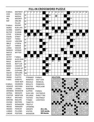 Fototapeta premium Fill in the blanks crossword puzzle with american style grid of 21x21 size, 68 blocks, 110 words, one letter revealed. Answer included.