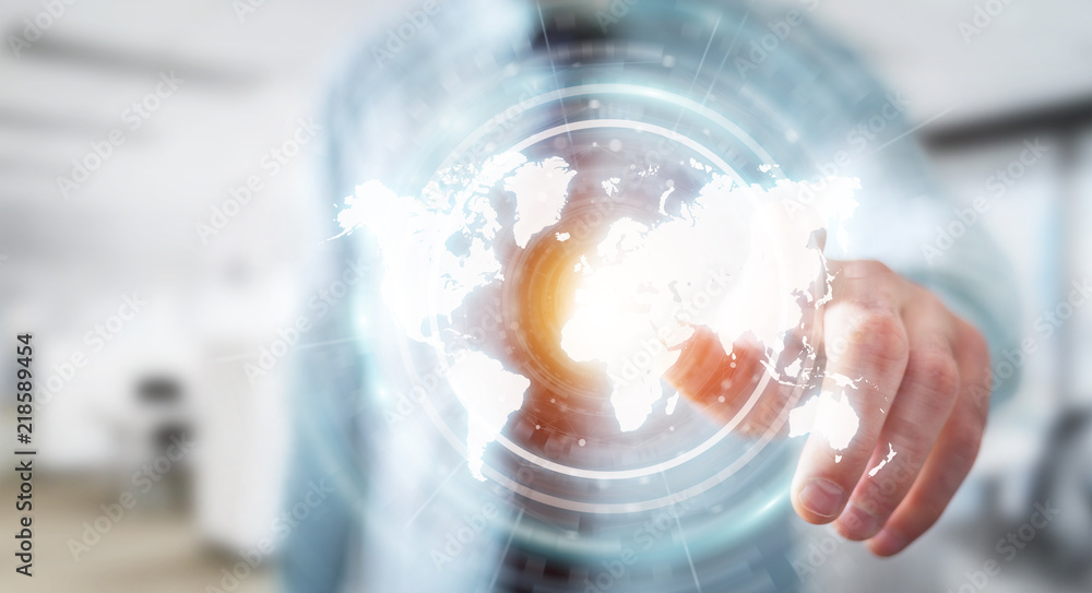 Poster Businessman using digital world map interface 3D rendering