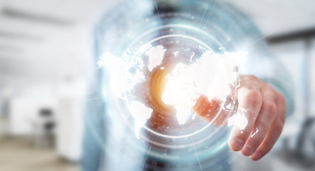 Businessman using digital world map interface 3D rendering