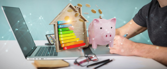 Graphic designer saving money with good energy chart rating 3D rendering