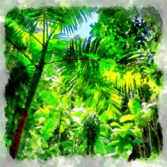 Oil painting. Art print for wall decor. Acrylic artwork. Big size poster. Watercolor drawing. Modern style fine art. Beautiful  tropical exotic landscape. Paradise. Resort view. Tropical trees. Palms.