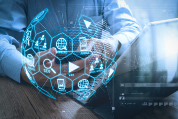 Digital marketing media (website ad, email, social network, SEO, video, mobile app) in virtual globe shape diagram.