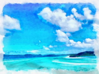 Oil painting. Art print for wall decor. Acrylic artwork. Big size poster. Watercolor drawing. Modern style fine art. Beautiful tropical exotic landscape. Paradise. Resort view. Blue ocean. 