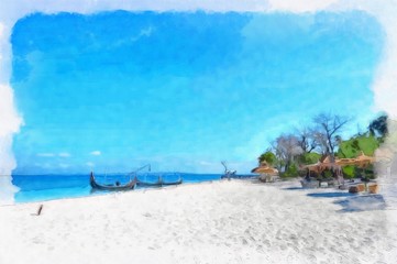 Oil painting. Art print for wall decor. Acrylic artwork. Big size poster. Watercolor drawing. Modern style fine art. Beautiful  tropical exotic landscape. Paradise. Resort view. Sandy beach. Boats.