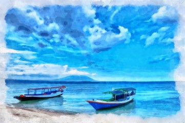 Oil painting. Art print for wall decor. Acrylic artwork. Big size poster. Watercolor drawing. Modern style fine art. Beautiful  tropical exotic landscape. Paradise. Resort view. Boats. Blue ocean.