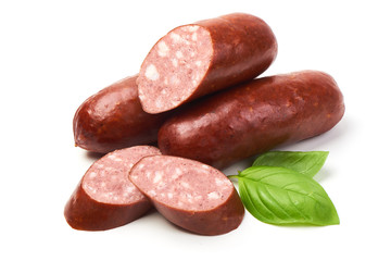 Grill sausages with basil herb, isolated on white background.