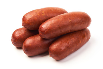 Smoked pork sausages, isolated on white background. Bratwurst.