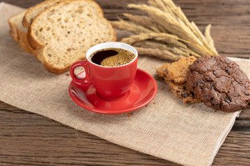 Hot coffee cup and breakfast